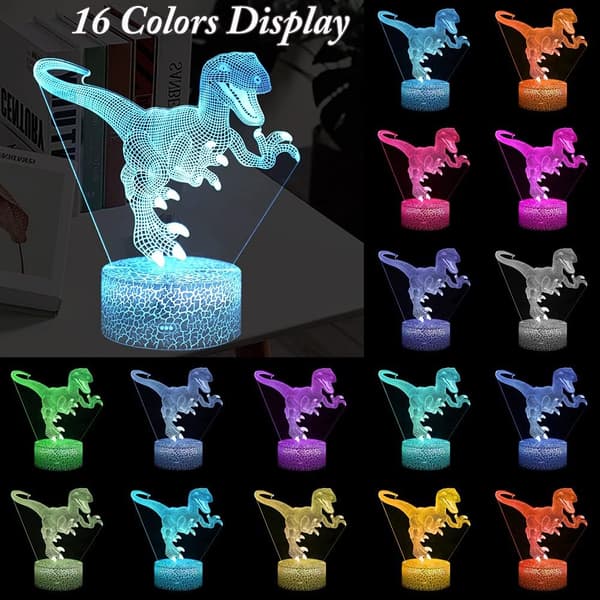 Dinosaur Natlamper, 3D T-Rex Illusionslampe 16 Farver Chan
