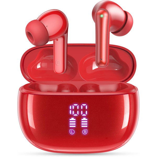 Langattomat nappikuulokkeet Bluetooth-kuulokkeet, 40 tunnin toistoaika Stereo IPX5 vedenpitävät nappikuulokkeet, LED-virranäyttö Langattomat nappikuulokkeet mikrofonilla Red