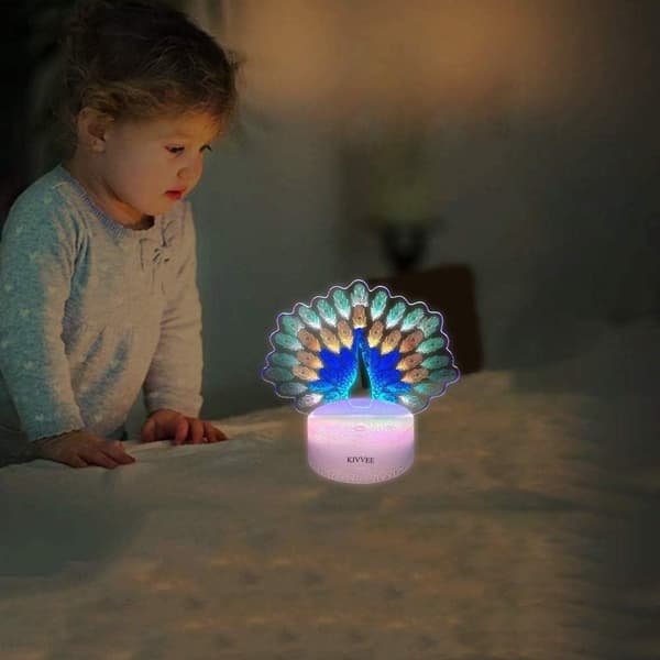 Påfugl 3D Illusjonslampe Nattlys Visuell Bordlampe Dynami