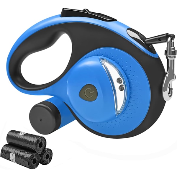 Inntrekkbar hundekobbel med avfallsposebeholder og lommelykt, 16 fot hundekobbel for små mellomstore hunder opptil 66 pund, en knappbryter og lås, 360° floke F 16ft blue Large