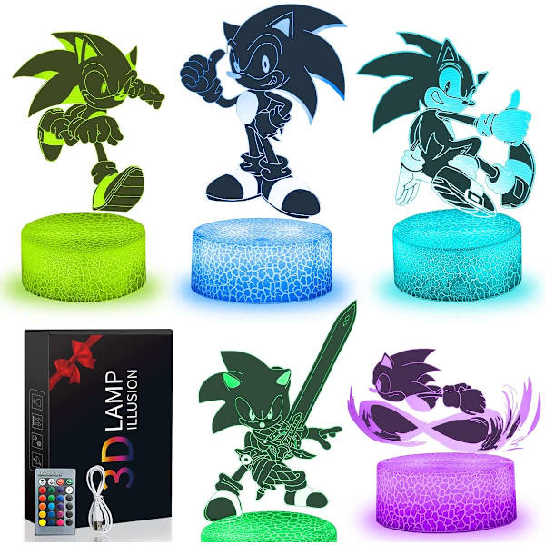 Sonic The Hedgehog 3D Illusionslampa, 5 Mönster och 16 Färger som Byter med Fjärrkontroll Akryl LED Nattlampa, Sonic The Hedgehog Leksaker för Pojkar