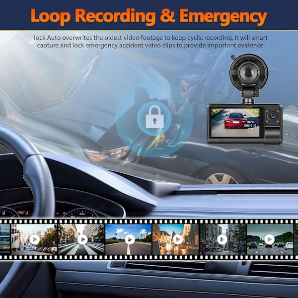 3-kanals dashcam fram och bak inuti, Full HD 1080P dashcam för bilar med Super Night Vision Loop Recording G-Sensor APP-kontroll 150° vidvinkel 3