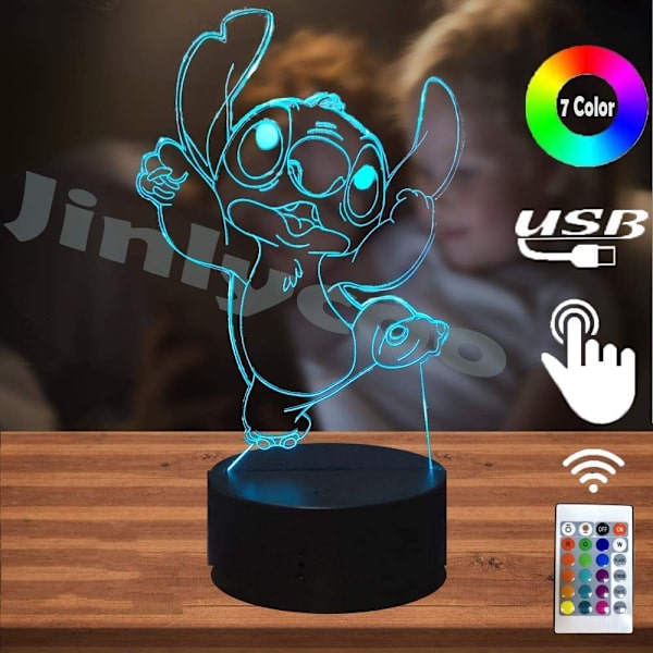 Lilo og Stitch Lampe for Soverom 3D Visuell Tegneserie LED Nattelys 7 Farger USB Berøringsfjernkontroll Endre Romdekorasjon Bord Stemnings Lava Baby Sove Lys