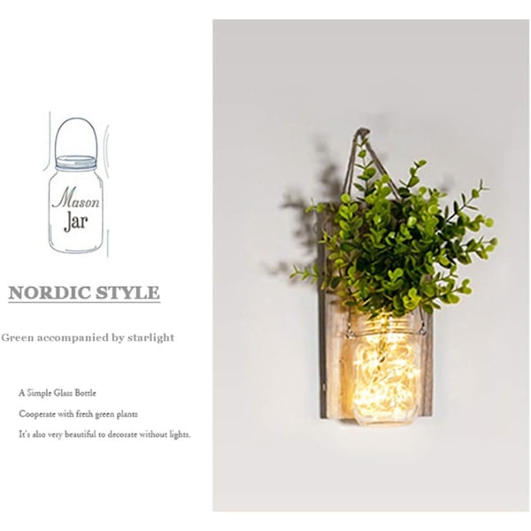 Rustika vägglampor, Mason Jar-lampor, bondgårdsdekor, LED-fe-lampor, grön konstgjord växt, varmtonad belysning för inredning. (2-pack)