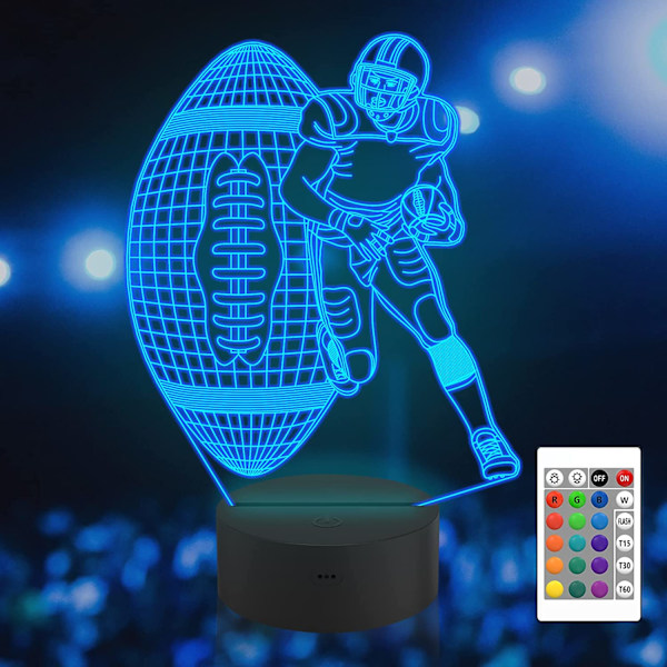 Fodboldspiller 3D Natlys, Attivolife Rugby Illusion LED Lampe med Fjernbetjening & Berøringskontrol