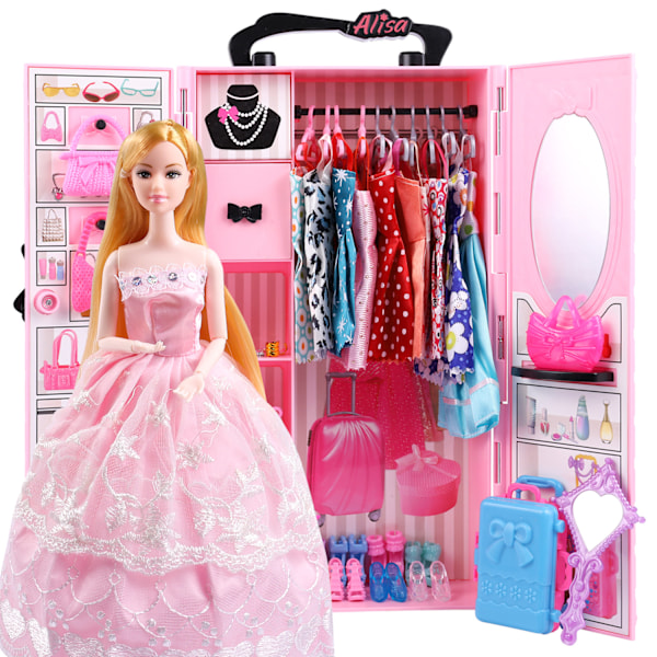 Nukkekostuumeja ja -tarvikkeita, Lasten vaaleanpunainen pukeutumiskaappi leluja, leluja lapsille, Yllätysjoulu, loma, syntymäpäivälahjat lapsille tytöille Pink