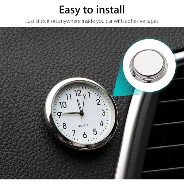 Bilklokke, Mini Quartz Analog Bil Dashbord Tid Luftventil Klistremerke Klokke Ur for Bildekorasjon, Universell og Lysende (Hvit)