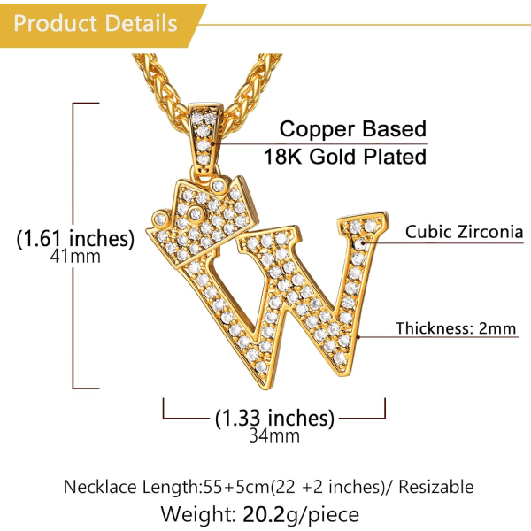 Krone Initial A-Z Halskæde, Iced Out Bogstav Vedhæng med 22-24 Tommer Kæde, Mænd Kvinder Bling Hip Hop Alfabet Navn Smykker Gave Store Initialer Halskæder W 18K Gold