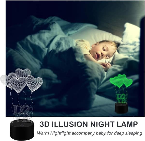 3D Illusion Lampe 4 Kærlighedshjerte Ballon Opdateret 16 farver Nat