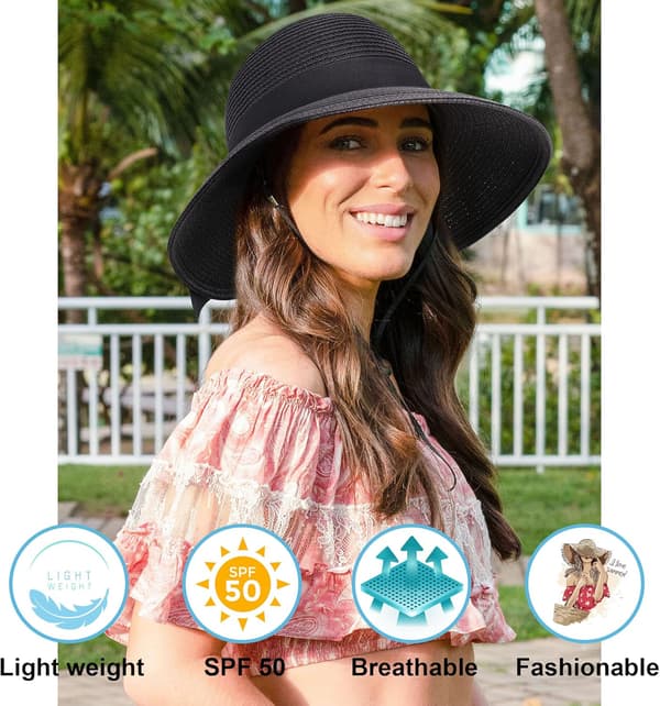 Solhatter for kvinner UPF 50+ Kvinners lette sammenleggbare/pakkelige strand solhatt Black