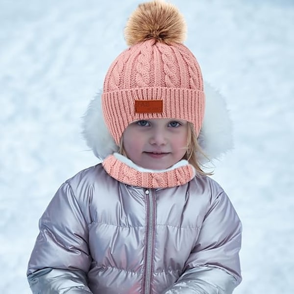 Børne Vinterhat, Halsvarmer og Handsker Sæt, Toddler Vinterhat Strikket Handsker Halsvarmer med Fleecefoer til Børn 2-5 År Red