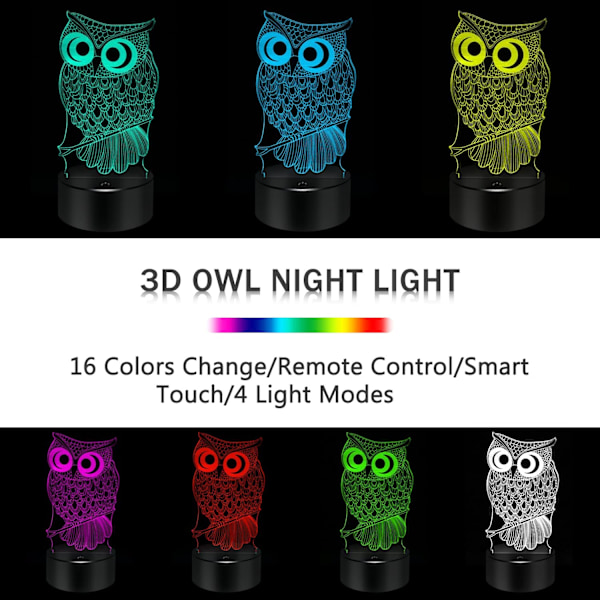 Uggla Gåvor 3D Uggla Lampa, Touch & Fjärrkontroll - 16 Färger Cha