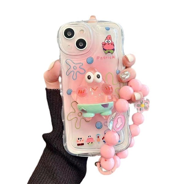 Kompatibelt sødt etui til iPhone, Kawaii med stativ og vedhæng Telefonetui, Tegneserie Gennemsigtig blød TPU Telefonbeskyttelse Patrick Star iPhone 12