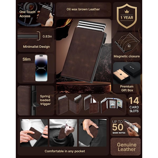 Herre pung kortholder: Pop-up aluminium etui, RFID-blokering, kulfiberlæder, smart, slank, minimalistisk, forlomme - 9-14 kortkapacitet | ID W ‏‏‎ ‎‏‏‎ ‎‎Dark Brown