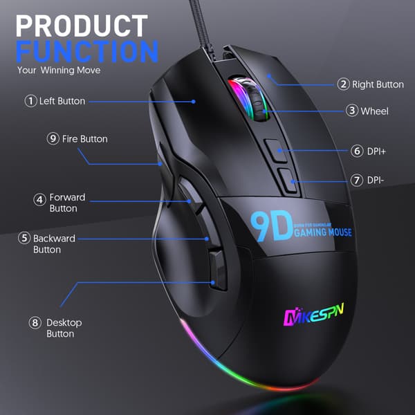 Full Speed Multi Button Gaming Mus Ledning 9 Knap Ergonomi