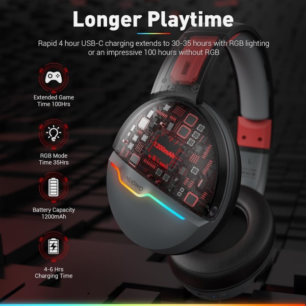 G08 Dual Wireless Gaming Headset med mikrofon til PS5, PS4, PC, Mobil, Tablet: 2.4Ghz Wireless + 5.3 Bluetooth - Letvægts - RGB Light - Rød Red