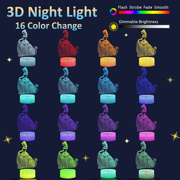 Princess 3D-lampa för flickor, Attivolife optisk nattlampa w
