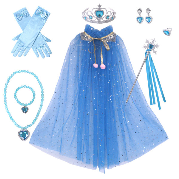 Princesse Tulle Kappe med Krone Halskæde Armbånd Tryllestav Prinsesse Udklædningstøj til Små Piger Børn Blue A L(75CM)