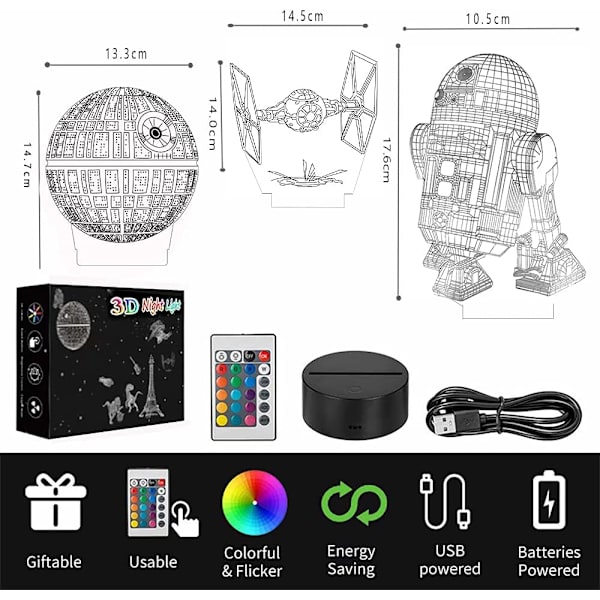3D LED Star Wars Natlampe, 3D Illusionslampe Tre Mønstre