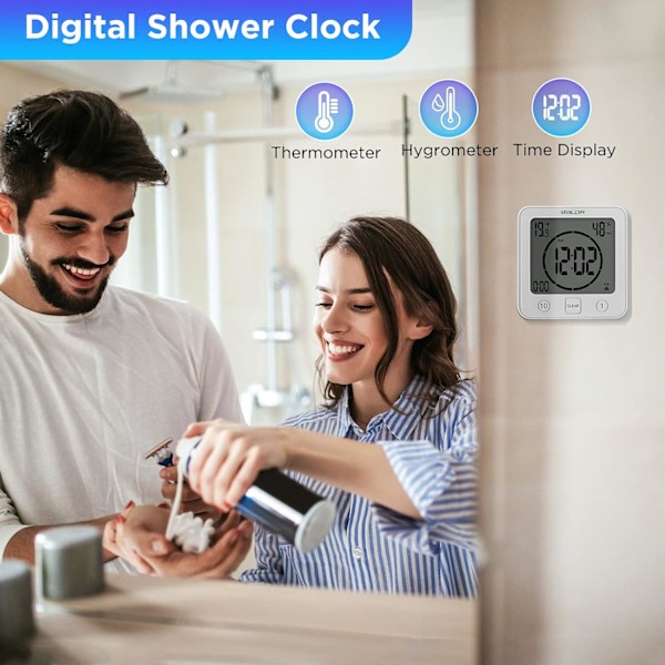 Duschklocka Vattentät, Digital Klocka Timer Klocka med Alarm, Badrumsklocka med Sugkopp, Temperatur Fuktighetsdisplay, 3 Monteringsmetoder White