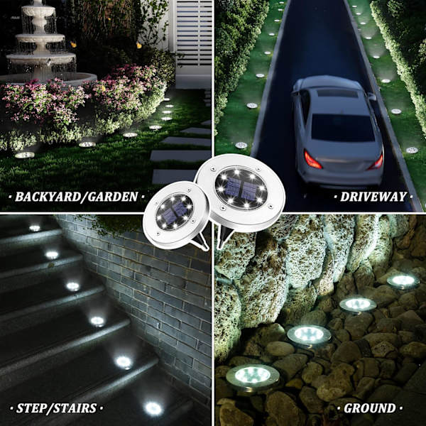 Solcelled Jordlys, 8 LED Solcelled Disklys Udendørs Vandtæt Landskabsplejelys til Havegård Dæk Gangbro Terrasse Sti (8, Hvid) White 8