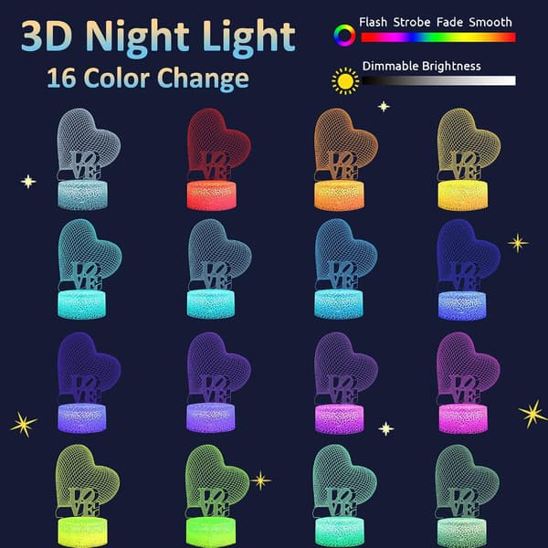 Kærlighed 3D Lampe Natlampe til Piger, Attivolife Hjerte Nat L