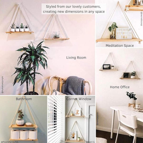 Riippuvat hyllyt seinälle kelluvat hyllyt, Macrame-köysi kolmiohylly, luonnonvaloinen kierrätetty puu, Boho-asuntolan olohuoneen makuuhuoneen sisustus 2 pcs