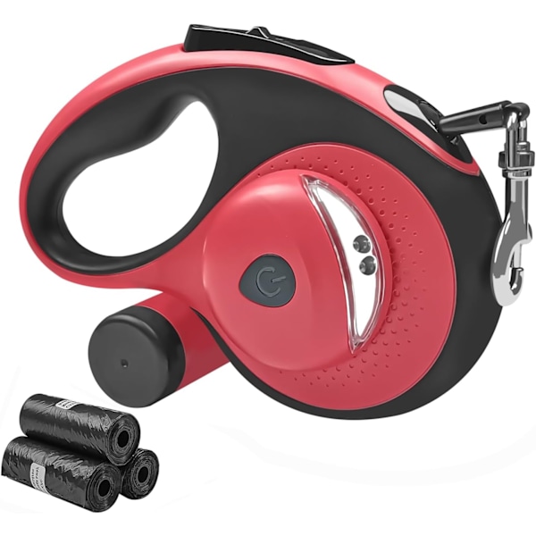 Inntrekkbar hundekobbel med avfallsposebeholder og lommelykt, 16 fot hundekobbel for små mellomstore hunder opptil 66 pund, en knappbryter og lås, 360° floke F 16ft red Large