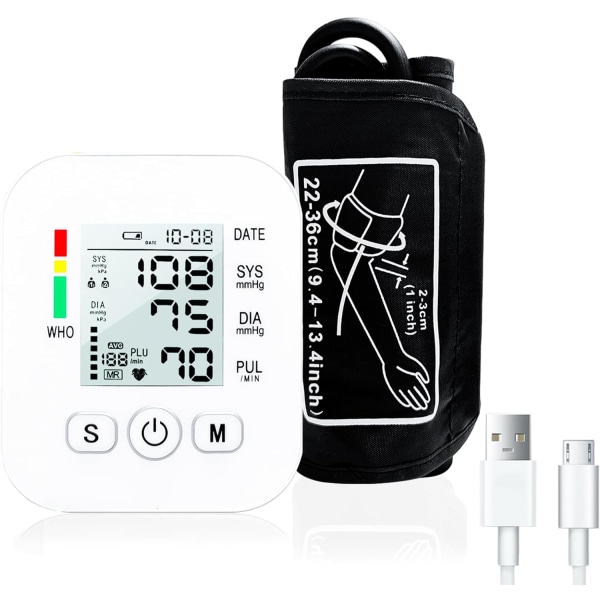 Bärbar blodtrycksmätare, justerbar överarmsmanschett, 2 * 99 minne med stor display lämplig för hem och resor (1 förpackning)
