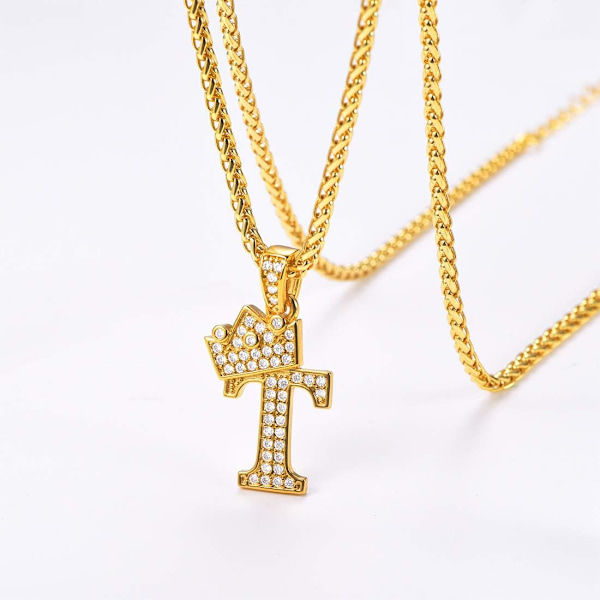 Krone Initial A-Z Halskæde, Iced Out Bogstav Vedhæng med 22-24 Tommer Kæde, Mænd Kvinder Bling Hip Hop Alfabet Navn Smykker Gave Store Initialer Halskæder T 18K Gold