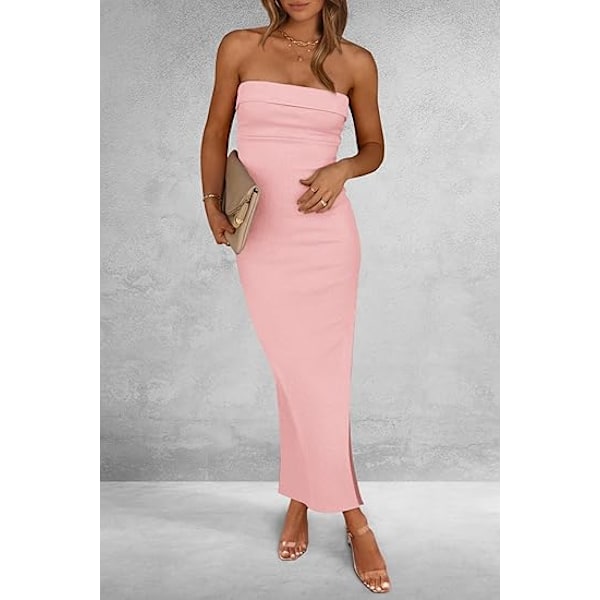 Sommarklänning för dam, Maxiklänning, tubmodell, ribbad, axelbandslös, sidoslits, lång, utekväll, vardaglig, elegant, festklänning XL