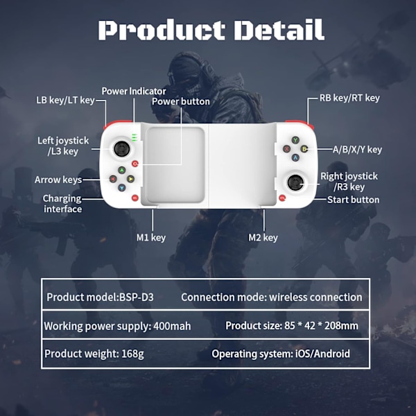 Bluetooth-kontroller för iPhone, Android, direkt spel, låg latens, telefonkontroller spelkontroll joystick för Galaxy S23 S22 S21 20 Ultra, iPhone 14 13 1 White
