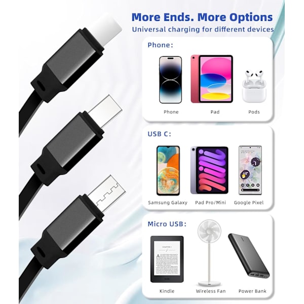 3-i-1 Retraktil Laddningskabel [3A, 1m] Multi USB-kabel Snabbladdare för Telefon, Samsung, iPad, Surfplattor, Switch och Mer Black