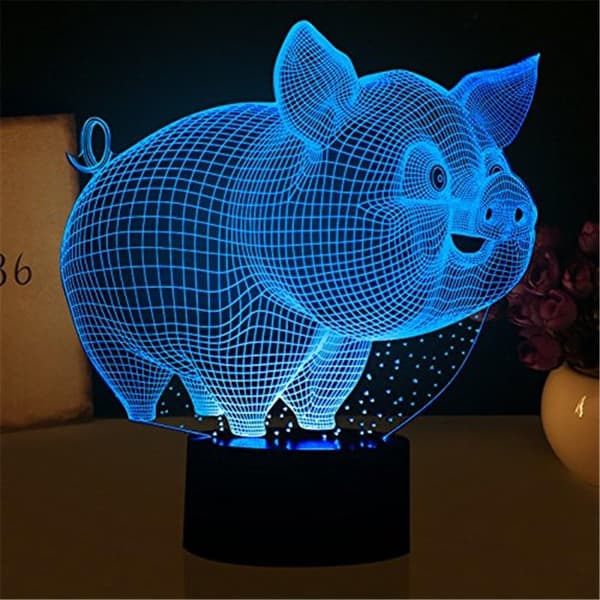 Nattlampe med gris, 3D-illusjon, berøring, 7 fargeskiftende seng