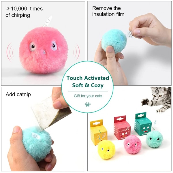 3-pack fluffiga plysch kattboll leksaker, interaktiva kvittrande