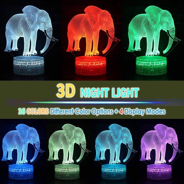 Elefantdyr 3D Illusjon Dekor Bordlampe Nattlys wi