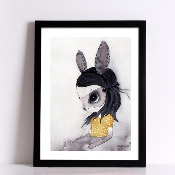 Miss Rabbit Wall Art Canvas Print plakat, simpel sød akvarel kunst tegning dec