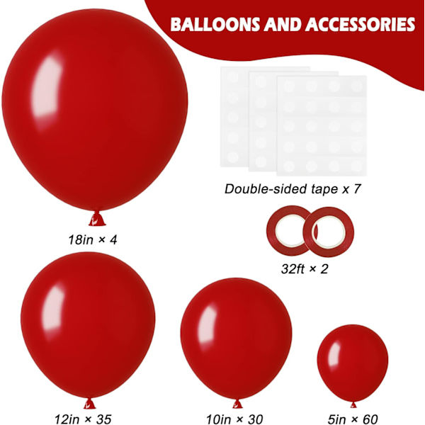129 stk. rubinrøde balloner i forskellige størrelser 18 12 10 5 tommer til guirlandebue, premium røde latexballoner til fødselsdag, bryllup, valentinsdag, jul Ruby Red