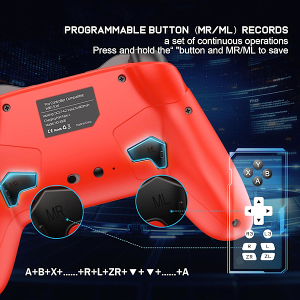 Bluetooth-kontroller for Switch/PC/Steam/Apple Arcade MFi-spill osv., Switch Pro-kontroller trådløs med justerbar dobbeltbevegelse, Turbo, makroer, 6-akser Red