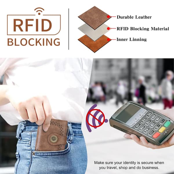 Tofold RFID-blokerende kompakt pung til kvinder, læderkortholder med lynlåsmøntlomme A-Light brown