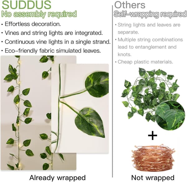 33ft 100 LED Batteridrivna Pothos Slingor, Fjärrkontroll & Varmvitt, Sovrum/Trädgårdsdekor 100LDE