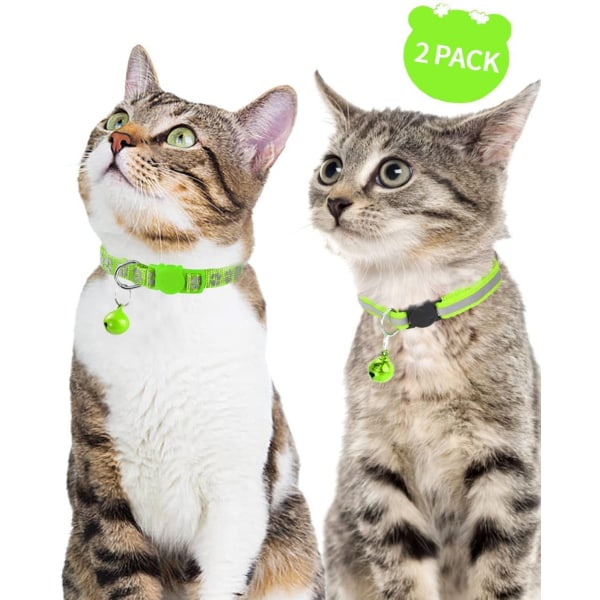 Reflekterande kattkrage med säkerhetslås och bjällra, 2-pack för flickor och pojkar Green