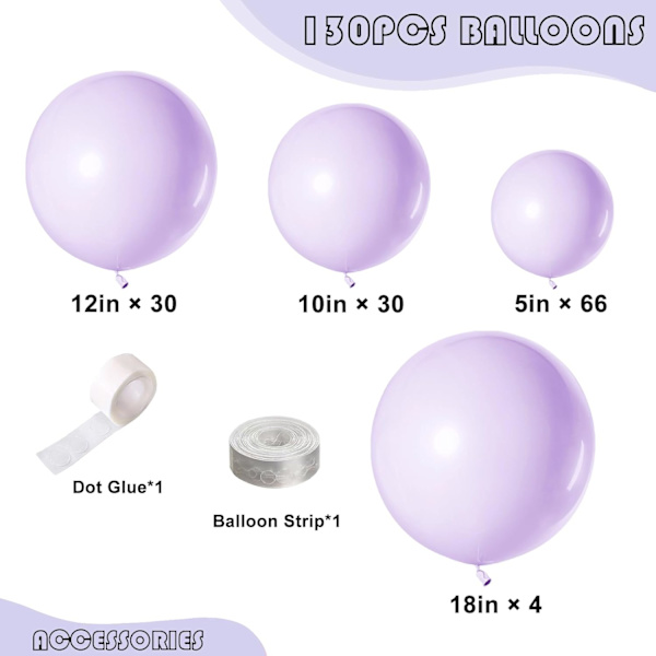 130 stk. Pastel Lilla Balloner Forskellige Størrelser 18\" 12\" 10\" 5\" Ballonbue Girlande Kit Perfekt til Fødselsdagsfest, Graduering, Baby Shower, Bryllup, H Pastel Purple