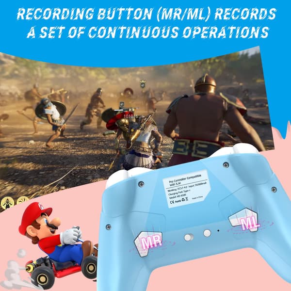 Bluetooth-controller til Switch/PC/Steam/Apple Arcade MFi-spil osv., Switch Pro-controller trådløs med justerbar dobbeltbevægelse, Turbo, Makroer, 6-akset Blue