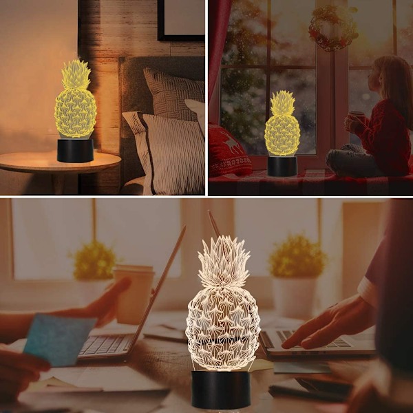 Ananas nattlys, Rquite Ananas nattlampe for barnerom, 3D optisk illusjonslampe med berøringsbryter