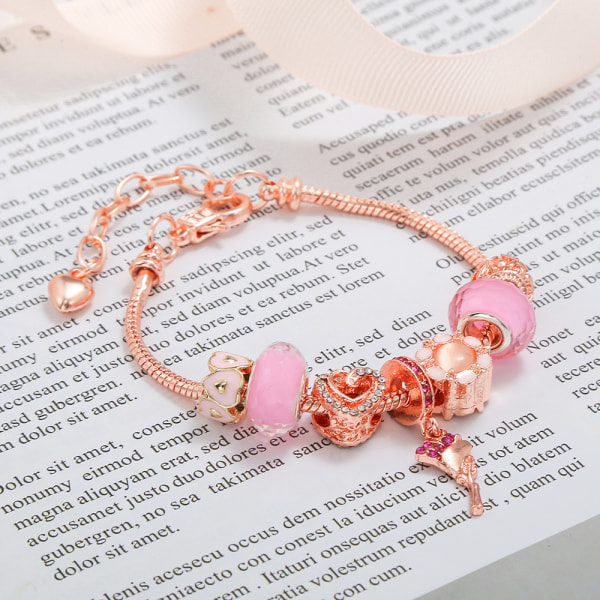 Pink love rose flower hänge armband med kristallpärlor,