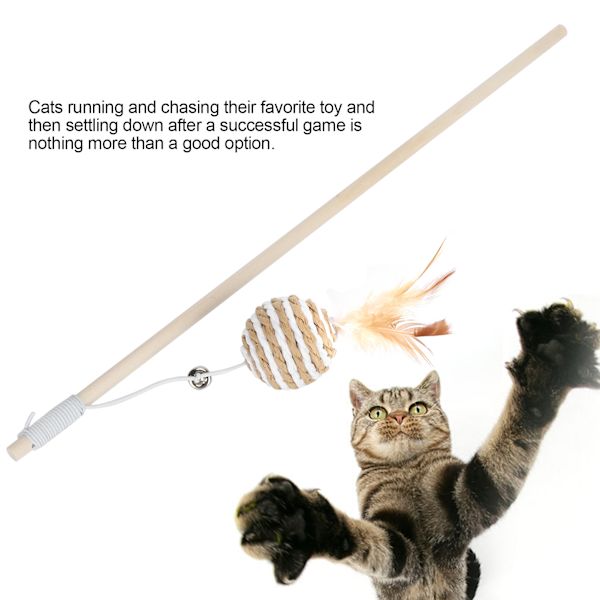 Trä katt leksak teaser stav med rund boll fjäder kattunge interaktiva leksaker