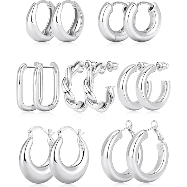 7 st Sliver Hoop Örhängen Set för Kvinnor Sliver Pläterade Chunky Hoops Twisted Huggie Hoop Örhängen för Present Lättvikt Sliver