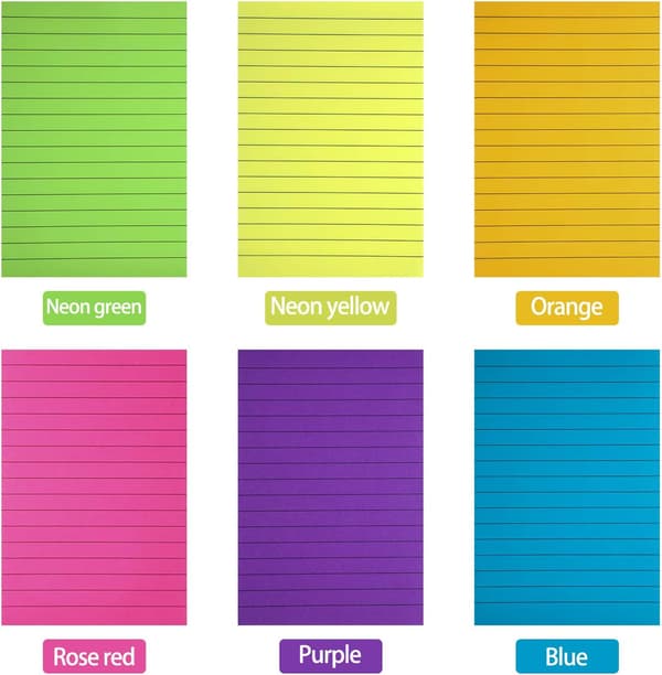 6-pak Forede Sticky Notes (10x15 cm) - Lyse Neonfarvede Selvklæbende Memoblokke til Kontor, Skole & Hjem - Forede Post-It Notes til 6PCS