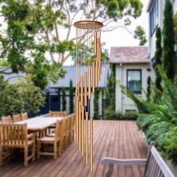 Vindspil Udendørs Metal Vindspil Massivt Træ og 18 Frosted Aluminium Legering Guld Rør Vindspil
